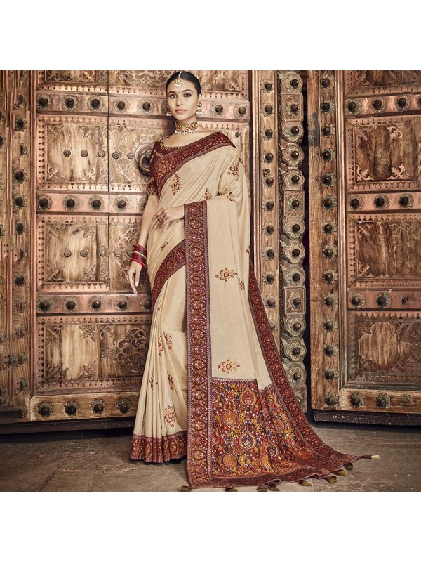 Beautiful Off White Dola Silk Designer Saree